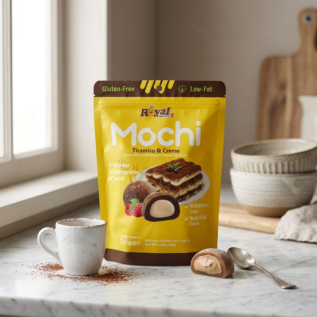Mochi Royal Family Cream Tiramisu, saveur café cacao, pâte de riz gluant, origine Taïwan, disponible sur My American Shop