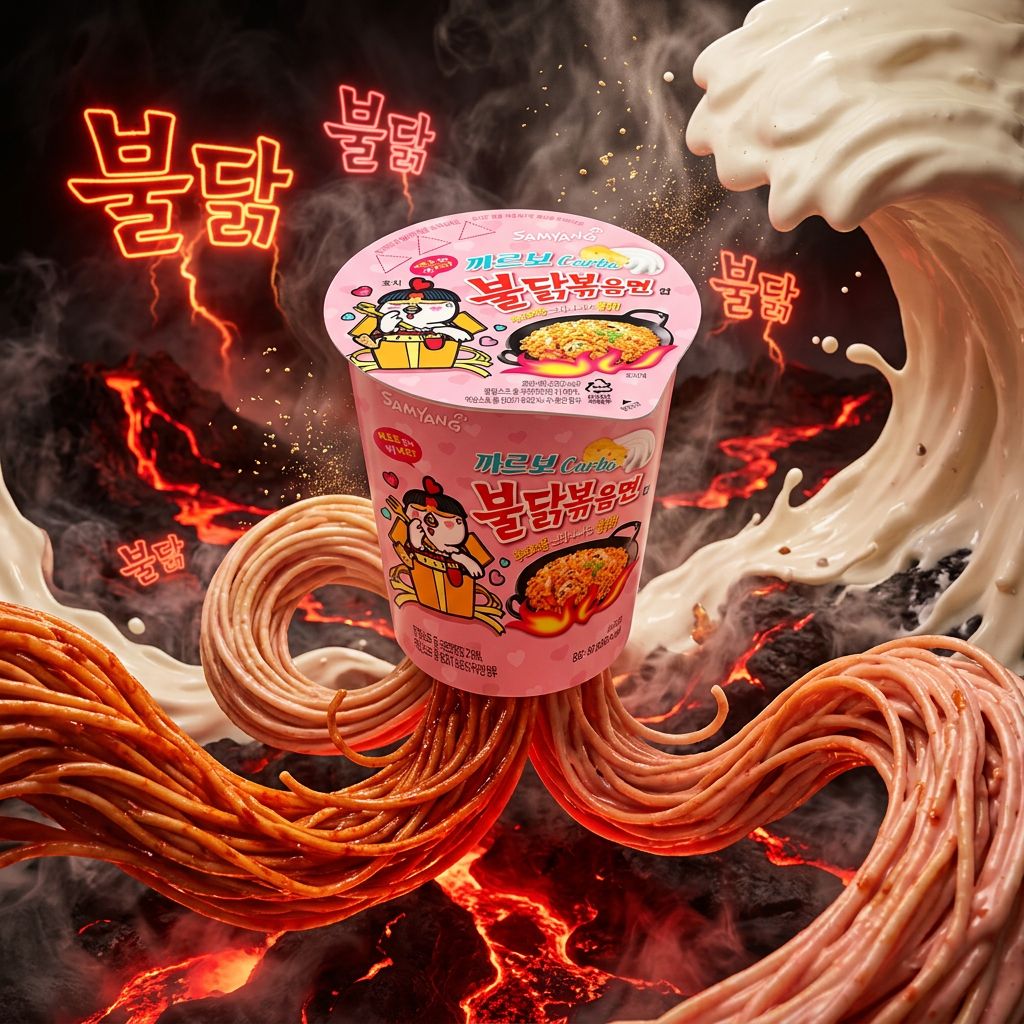 Samyang Buldak Ramen Small Cup Carbonara, ramen coréen épicé crémeux format cup, disponible sur My American Shop