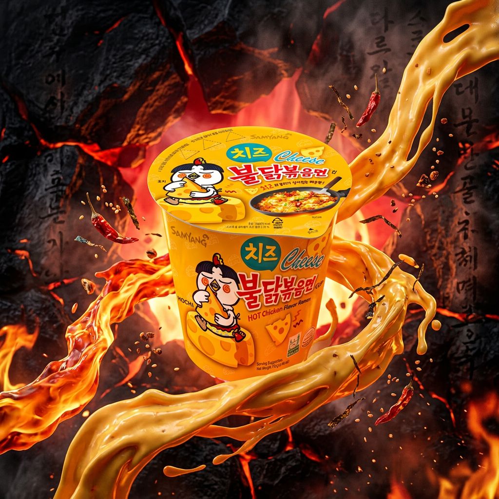 Samyang Buldak Ramen Small Cup Cheese, ramen coréen épicé fromage en cup, disponible sur My American Shop