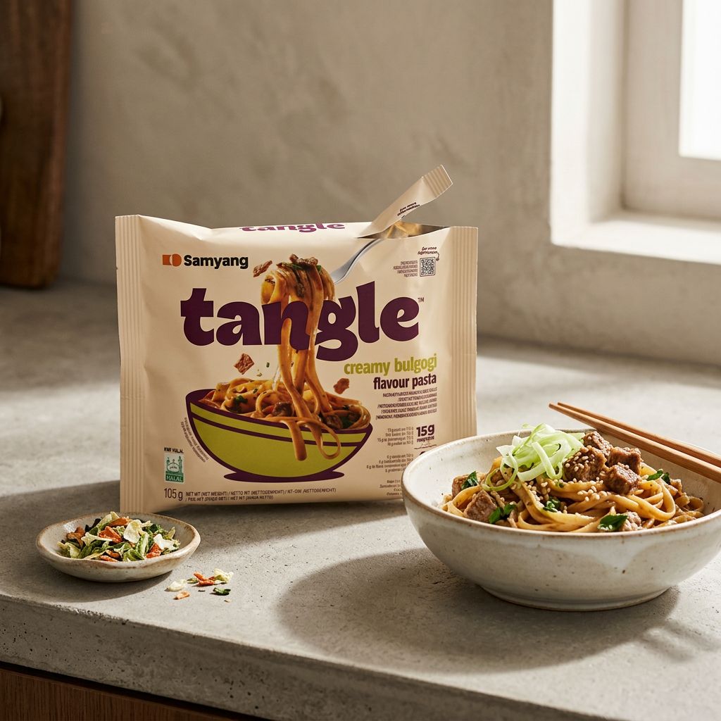 Samyang Tangle Pasta sauce Bulgogi, pâtes instantanées coréennes épaisses, format double sauce, disponible sur My American Shop