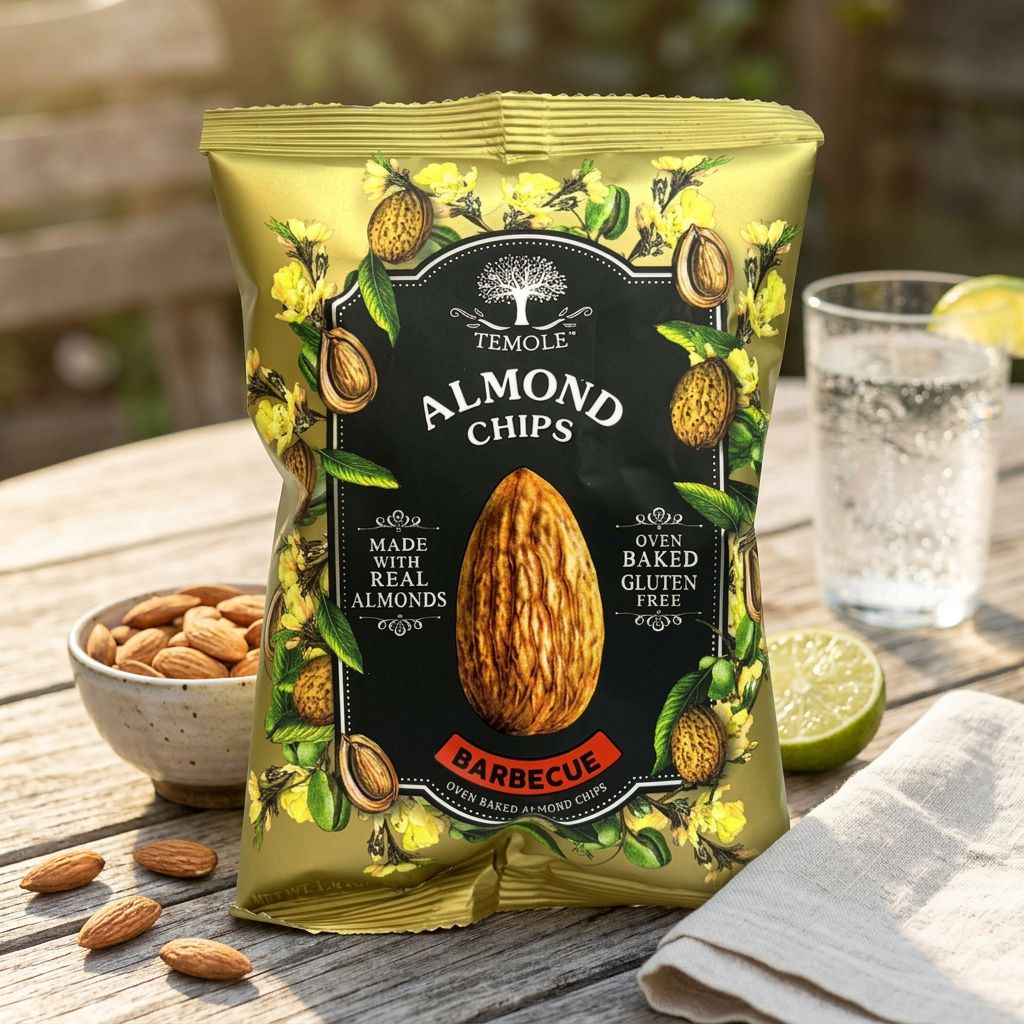 Temole Almond Chips Barbecue, snack croustillant sans gluten au riz brun soufflé, saveur BBQ fumé, disponible sur My American Shop