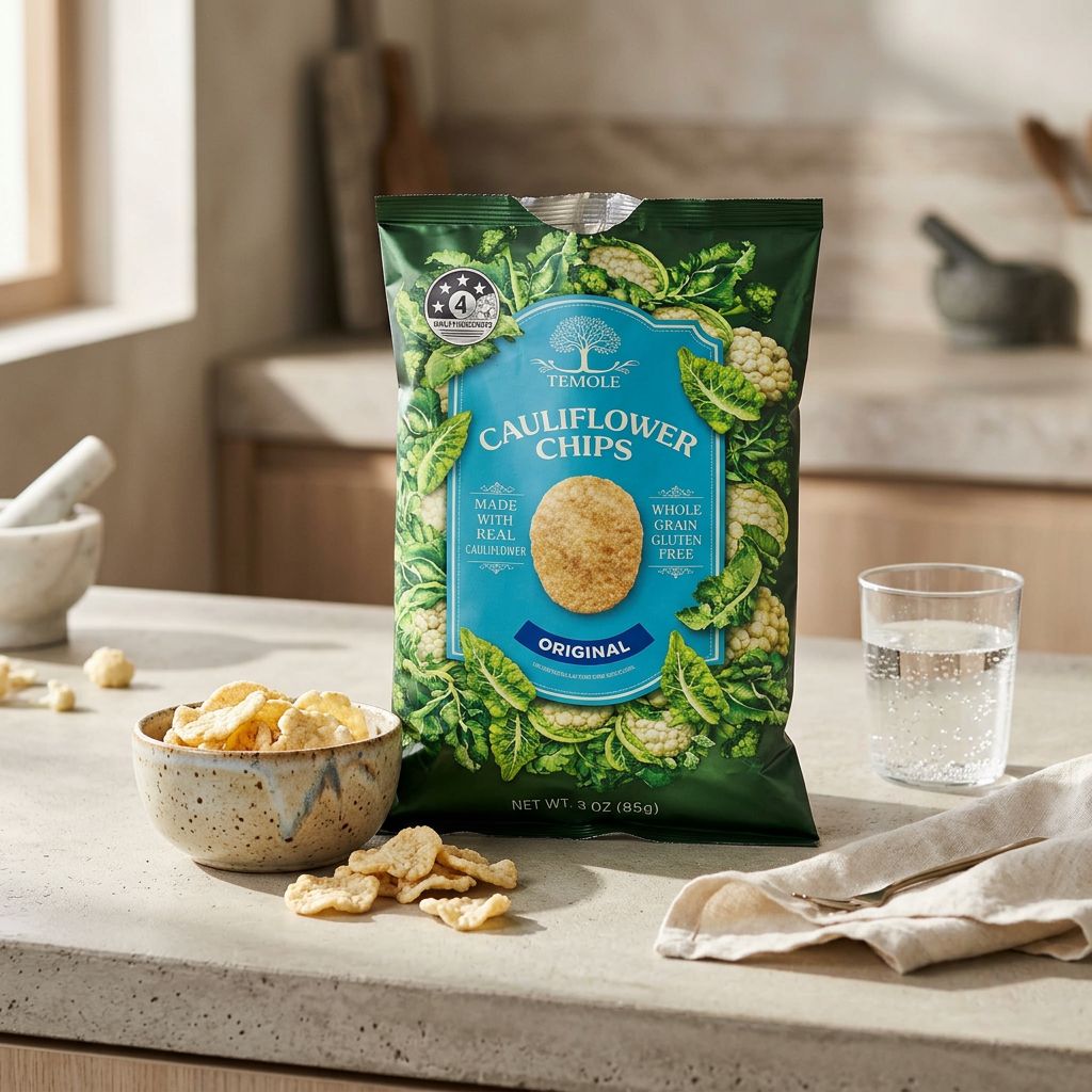 Temole Cauliflower Chips Original, chips au chou-fleur végétales croustillantes, format snack, disponible sur My American Shop
