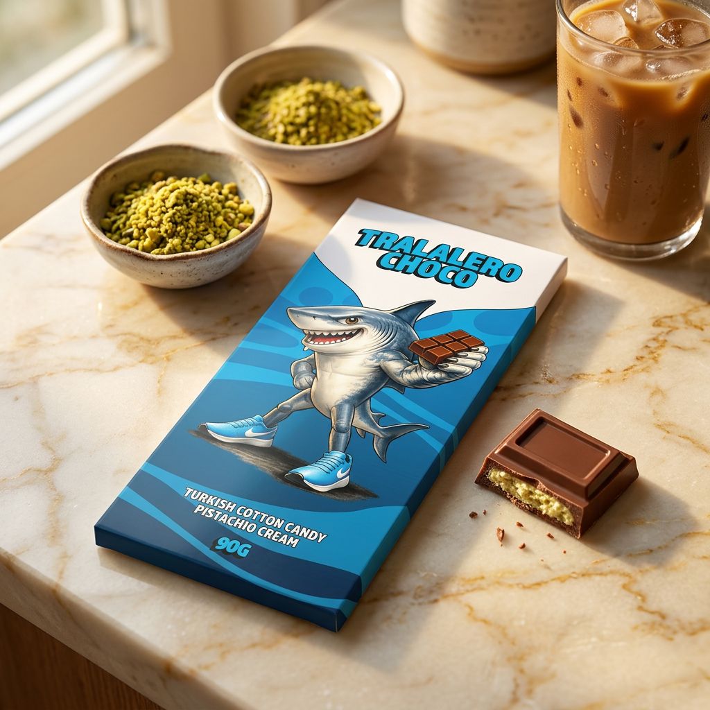 Tralalero Choco, tablette chocolat au lait façon Dubaï avec coeur croustillant, disponible sur My American Shop