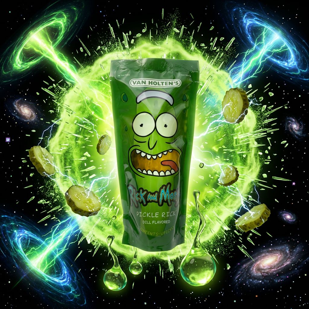 Van Holten's Rick and Morty Pickle, cornichon géant américain en sachet individuel, édition collector, disponible sur My American Shop