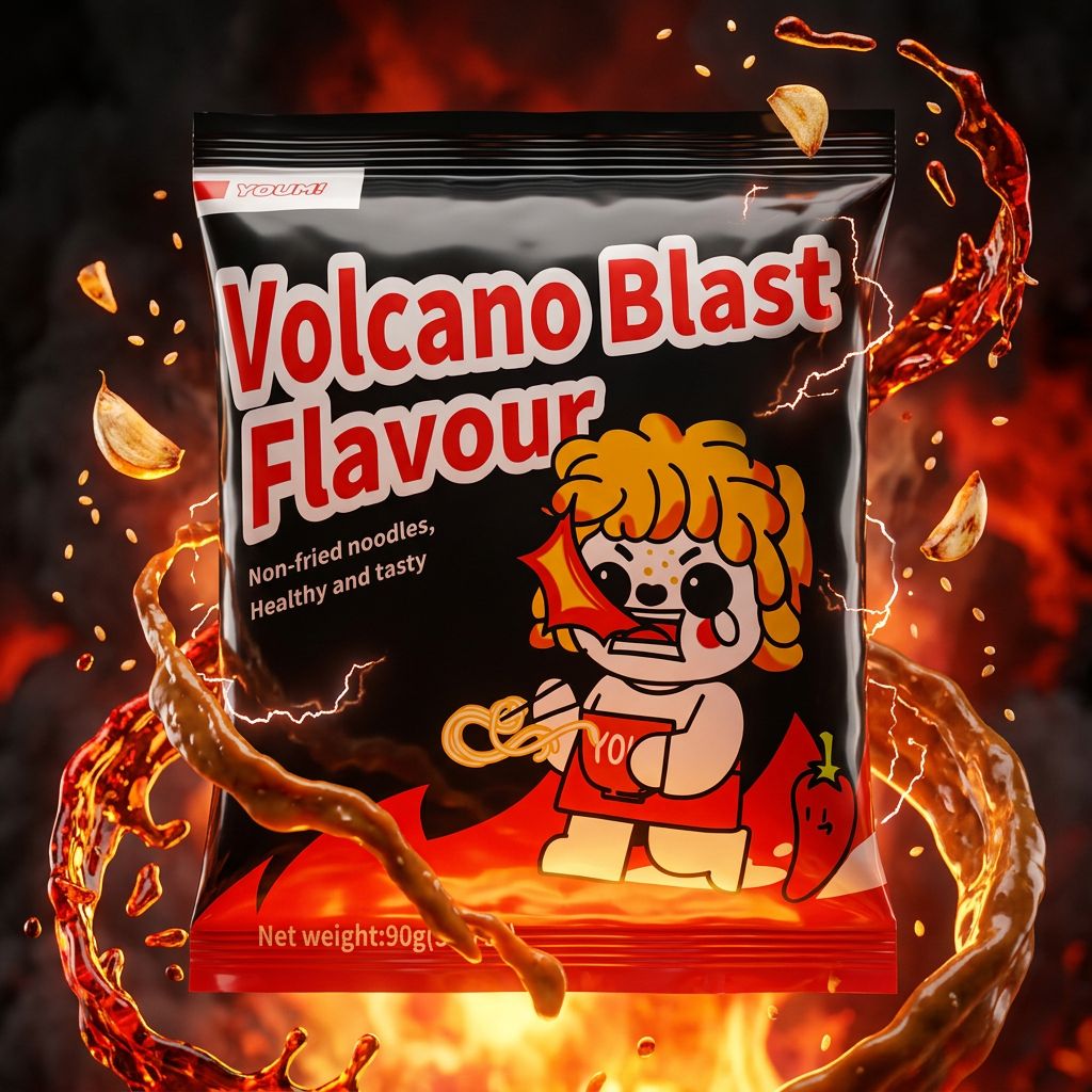 Youmi Instant Noodles Volcano Blast, nouilles épicées asiatiques saveur piment, disponible sur My American Shop