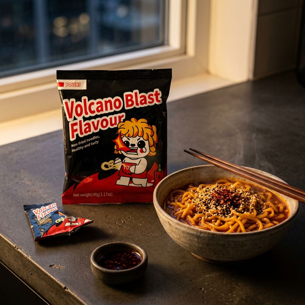 Youmi Instant Noodles Volcano Blast, nouilles épicées asiatiques saveur piment, disponible sur My American Shop