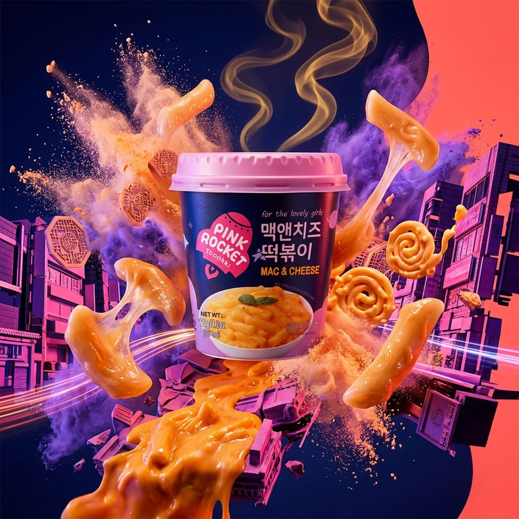 Youngpoong Pink Rocket Cup Topokki Mac & Cheese, snack coréen fusion fromage, format cup, disponible sur My American Shop