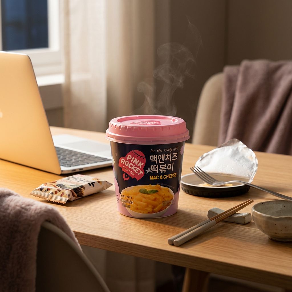 Youngpoong Pink Rocket Cup Topokki Mac & Cheese, snack coréen fusion fromage, format cup, disponible sur My American Shop