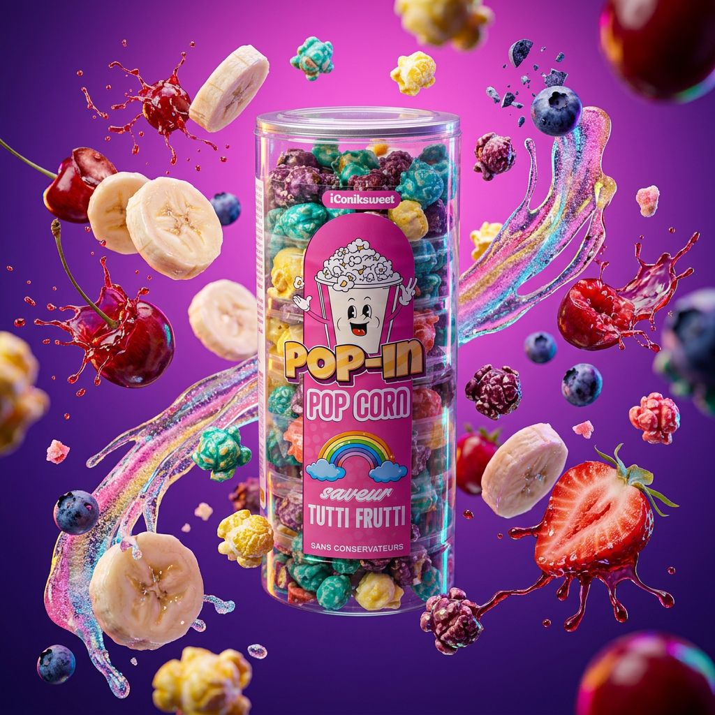 iConiksweet Pop In Pop Corn Tutti Frutti, snack sucré fruité aromatisé, disponible sur My American Shop