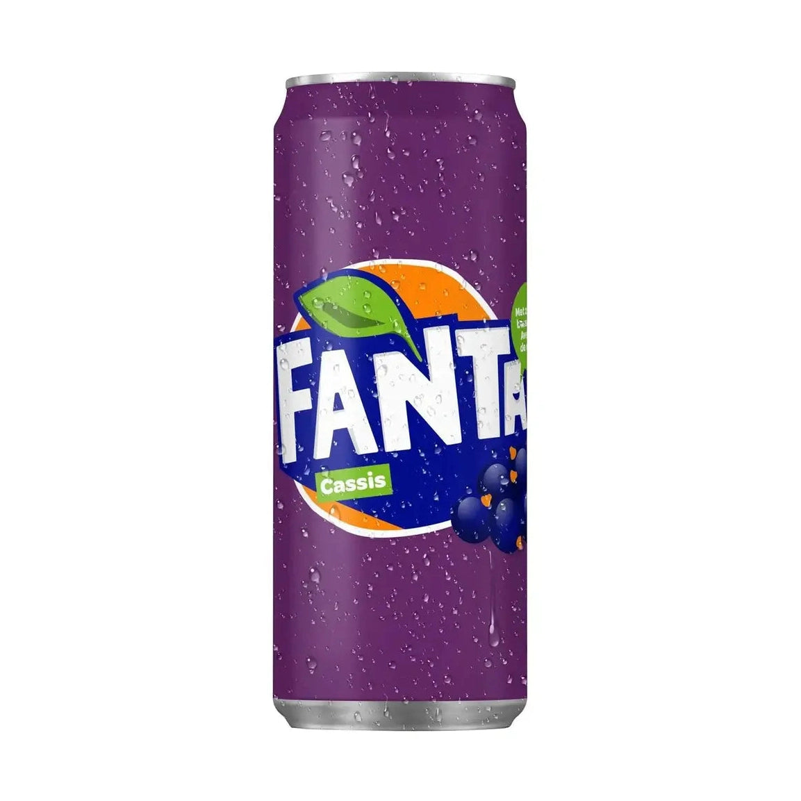 Une grande canette mauve sur fond blanc avec le logo Fanta et des cassis sur le côté droit 
