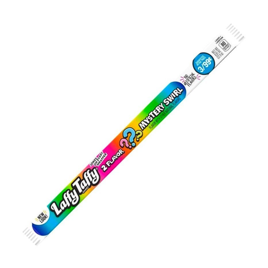 Un emballage en forme de long bâtonnet couleur arc-en-ciel avec des extrémités blanches avec au centre 3 points d’interrogation colorés, le tout sur fond blanc