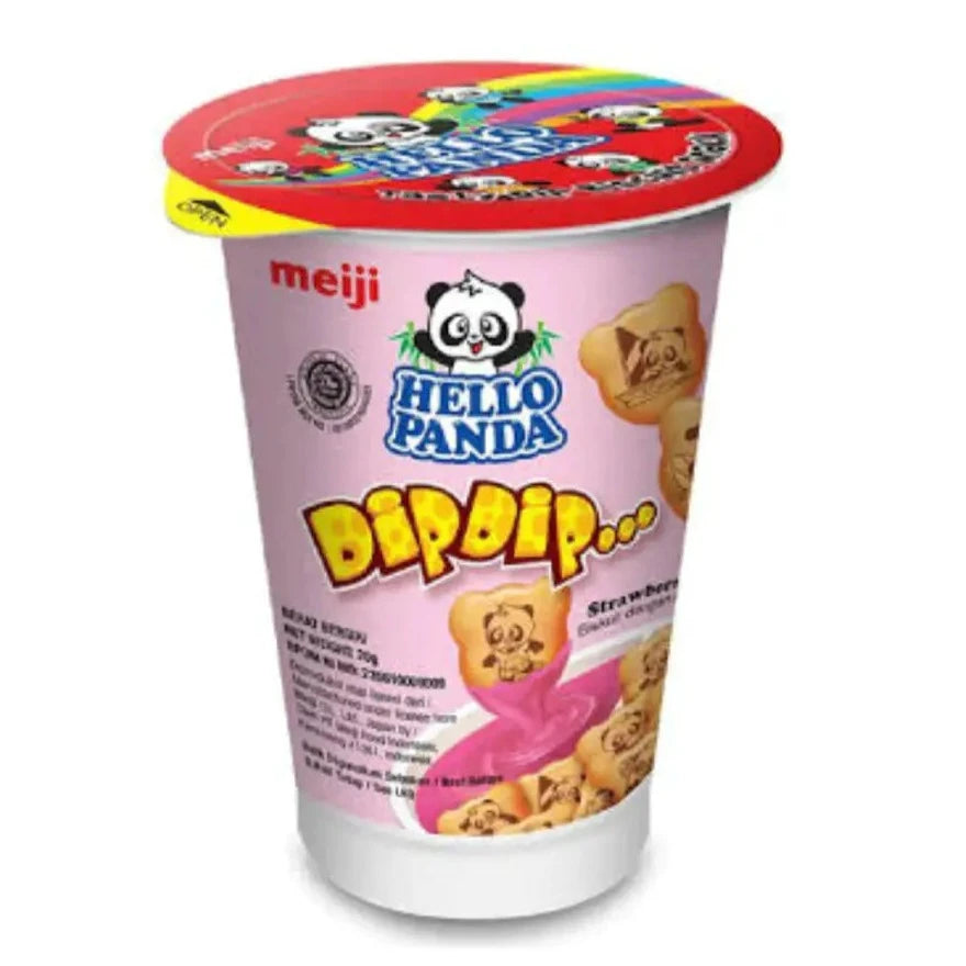 Un emballage rose et blanc avec au centre un panda blanc et noir, le tout sur fond blanc. Et il y des petits biscuits avec des pandas dessinés qui se trempent dans une sauce rose