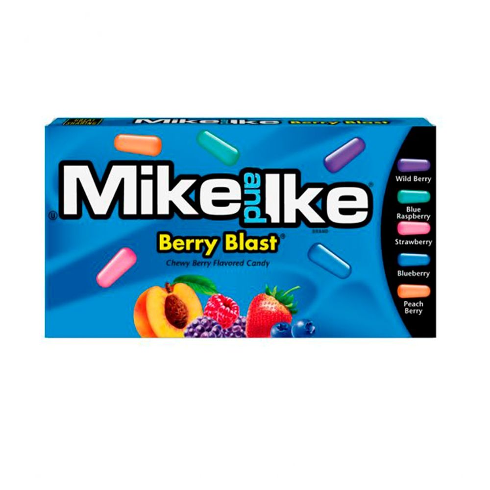 Un emballage bleu sur fond blanc avec des bonbons en formes de pilules colorés et à droite il y a des bonbons mauve, bleu, rose et pêche. En-dessous des une pêche, framboise, myrtilles et fraises