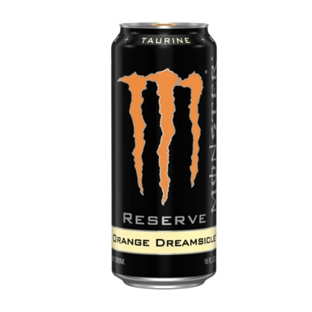 Une canette noire avec au centre le logo orange de Monster, un grand M. Le tout sur fond blanc