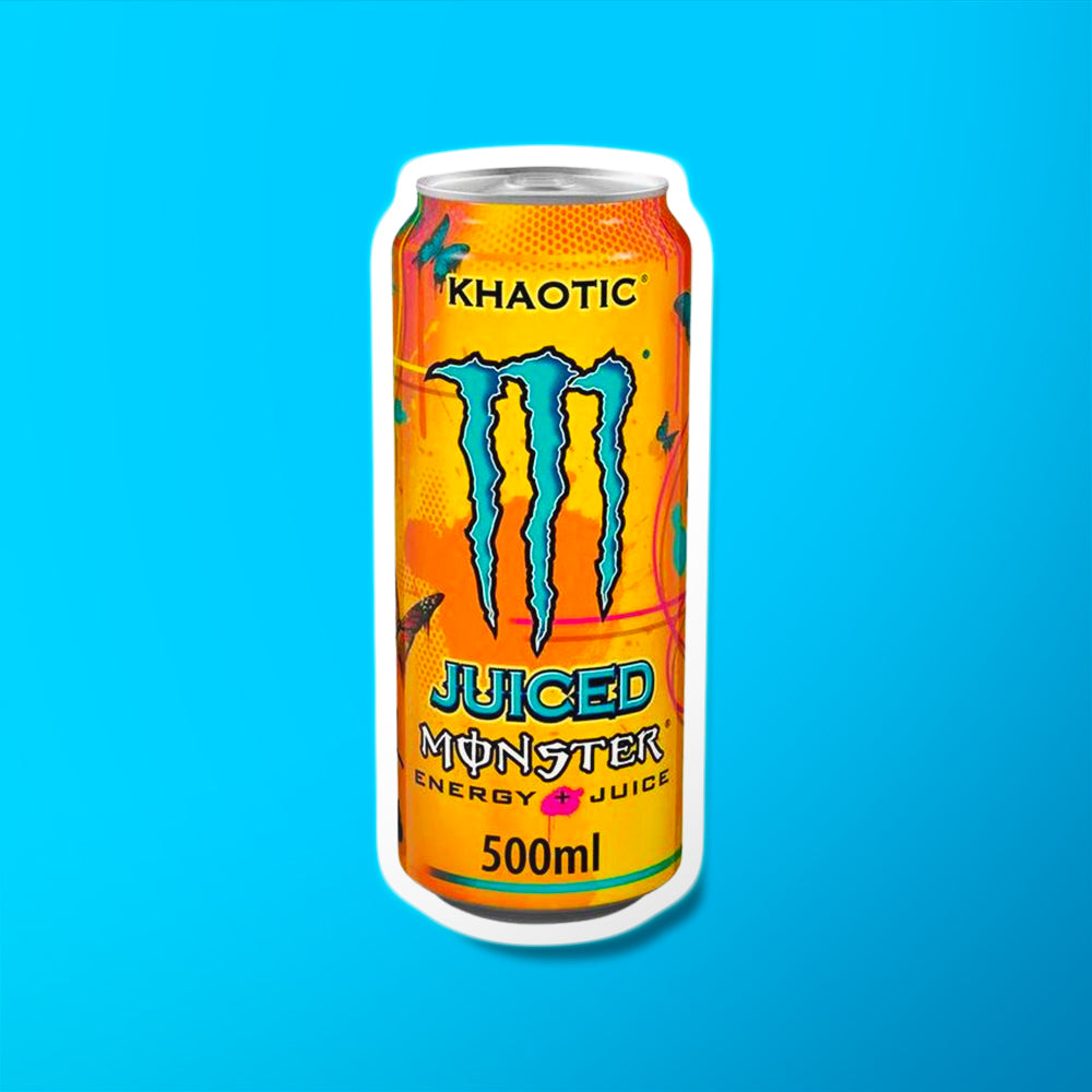Une canette orange sur fond bleu avec des motifs colorés et au centre le logo bleu de Monster, un grand M