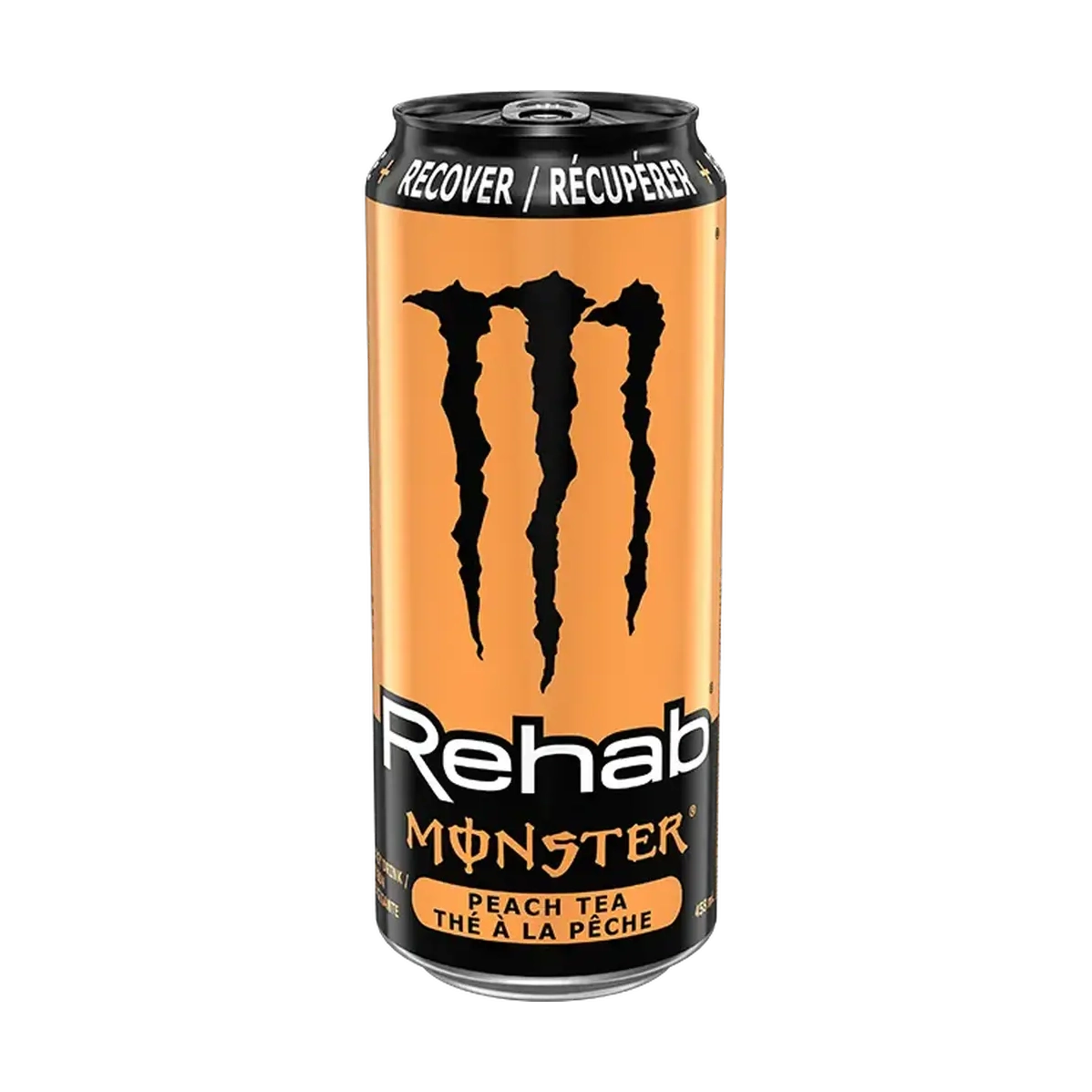 Une grande canette orange et noir avec au centre le logo noir de Monster, un grand M. Le tout sur fond blanc