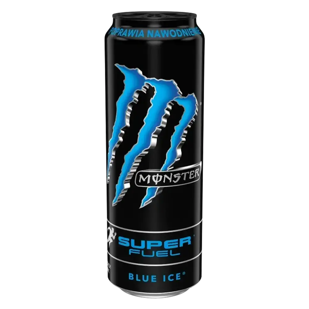 Une grande canette noire avec au centre le logo bleu de Monster, un grand M. Le tout sur fond blanc