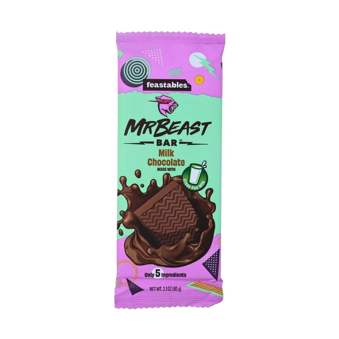 Un emballage mauve et bleu sur fond blanc avec au centre une barre chocolatée dans un coulis brun