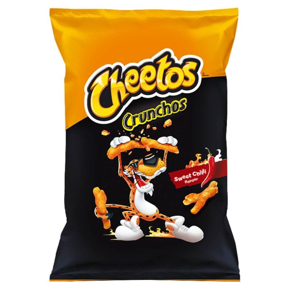 Un paquet orange et noir avec un tigre qui coupe en 2 un chips orange allongé et sur le coté droit un piment rouge, le tout sur fond blanc