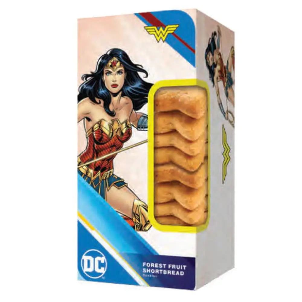 Un paquet blanc sur fond blanc avec une partie transparente qui nous permette de voir des biscuits et sur le coté le personnage de Wonder Woman