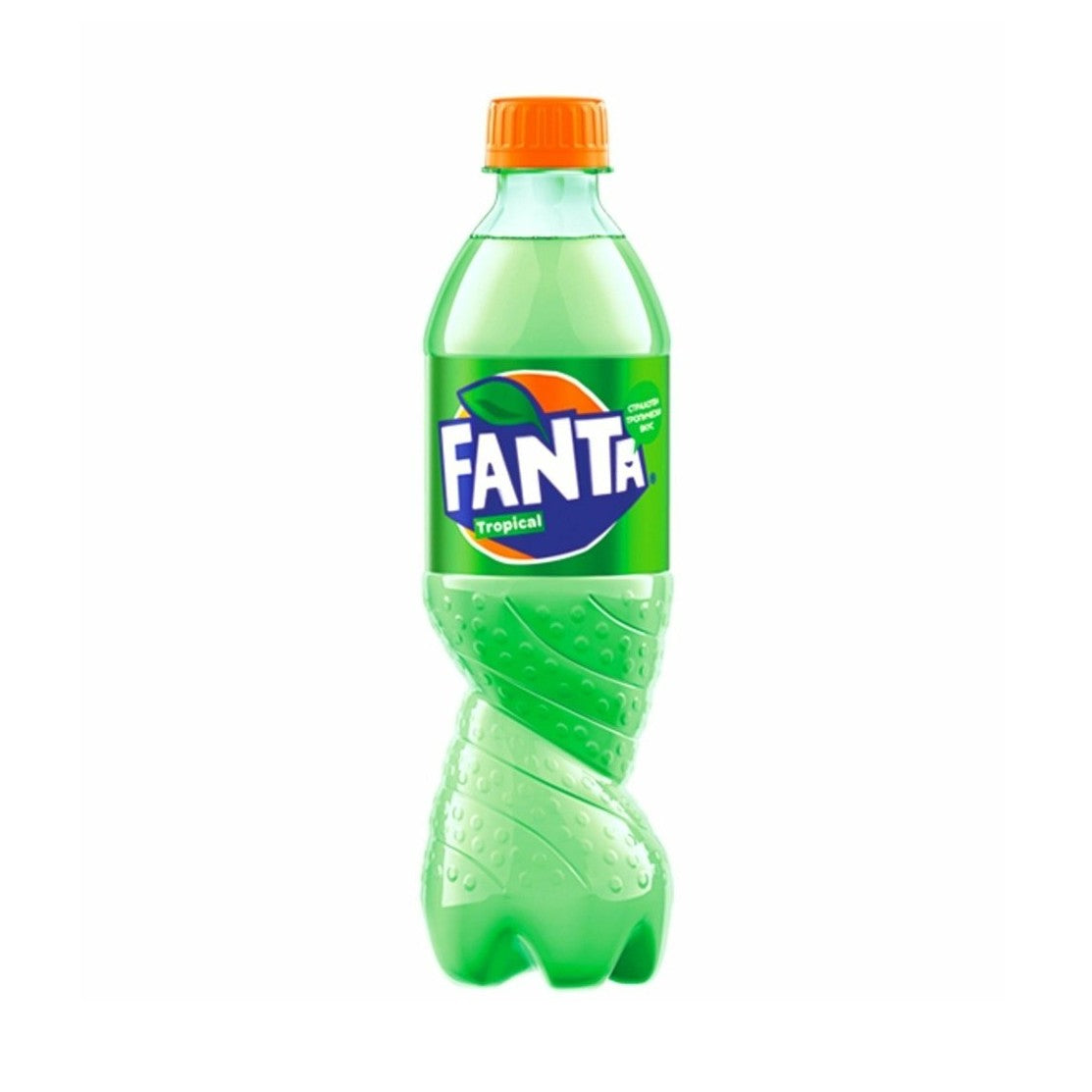 Une bouteille verte, un capuchon orange et une étiquette verte avec le logo Fanta, le tout sur fond blanc