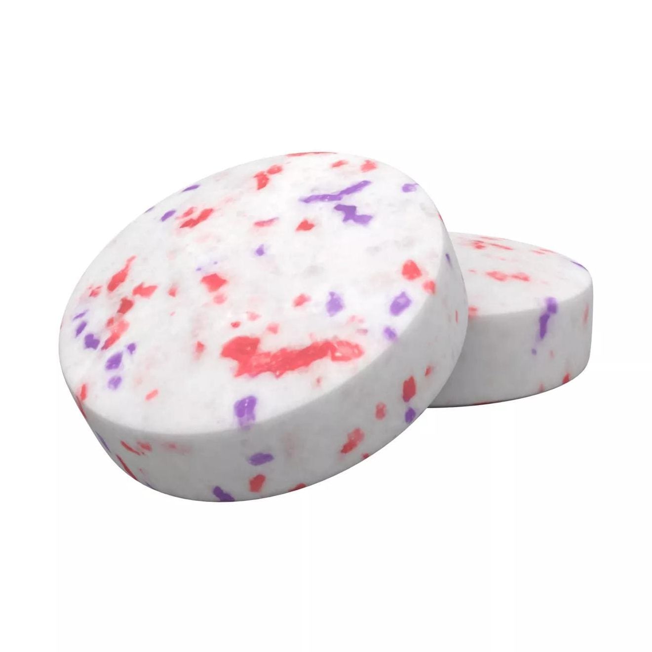 Une pastille blanche avec des petites tâches rose et mauve, sur fond blanc 