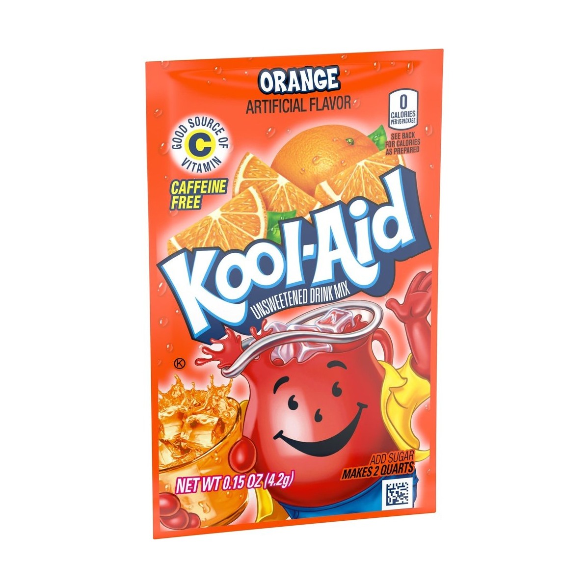 Un paquet orange sur fond blanc avec au-dessus des oranges, en-dessous un bonhomme en forme de carafe rouge qui tient un verre d’une boisson orange avec glaçons