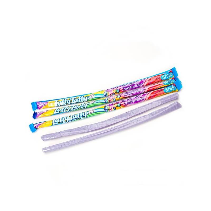 3 emballages en forme de long bâtonnet couleur arc-en-ciel avec des extrémités bleus, le tout sur fond blanc
