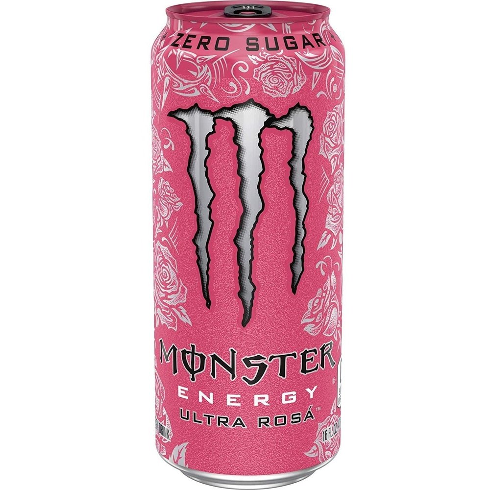 Une grande canette rose à motifs gris argentés avec au centre le logo gris argenté de Monster, un grand M. Le tout sur fond blanc