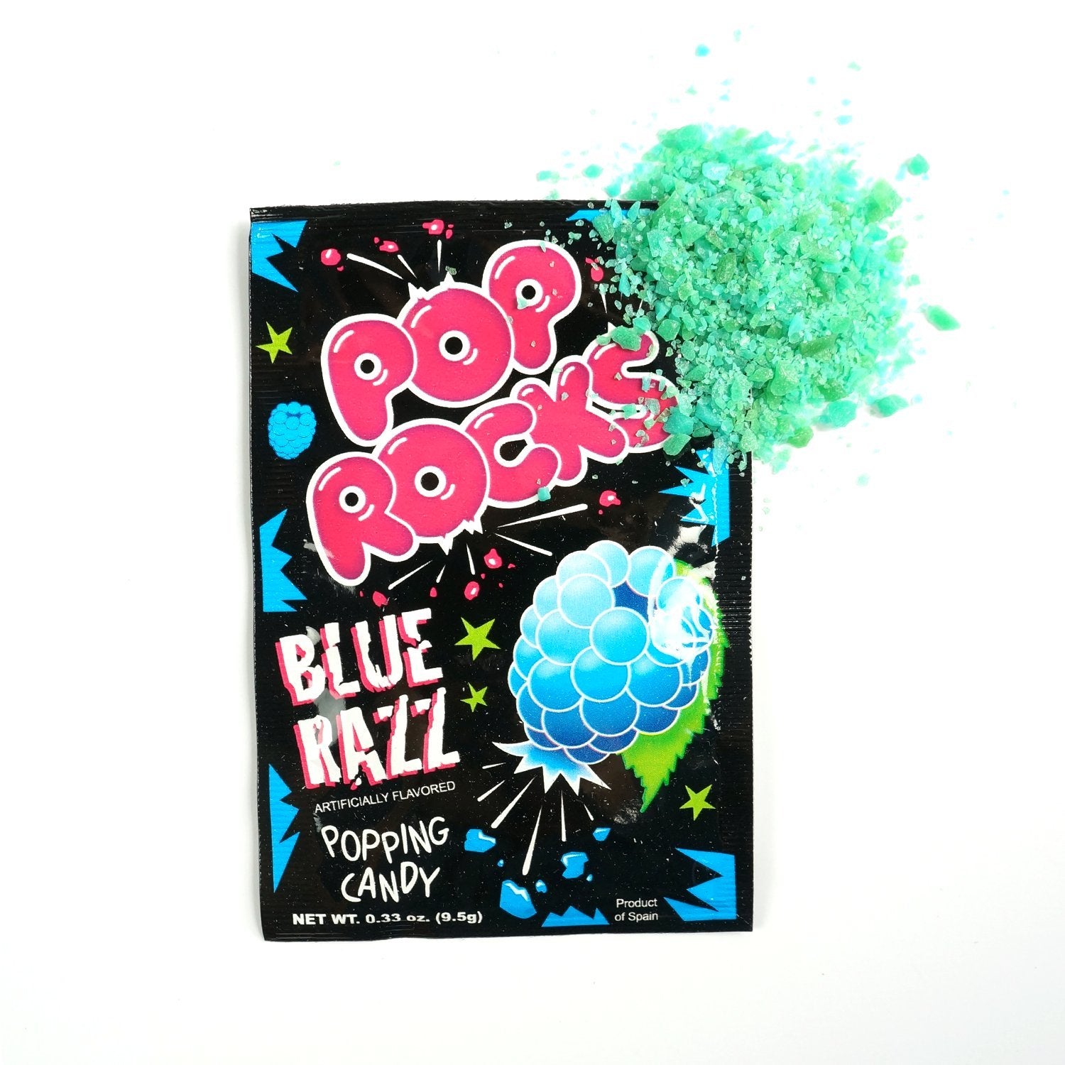 Un emballage noir sur fond blanc avec au centre une grande framboise bleue et autour il y a des étoiles et des explosions bleues et en haut à droite il y a des perles vertes