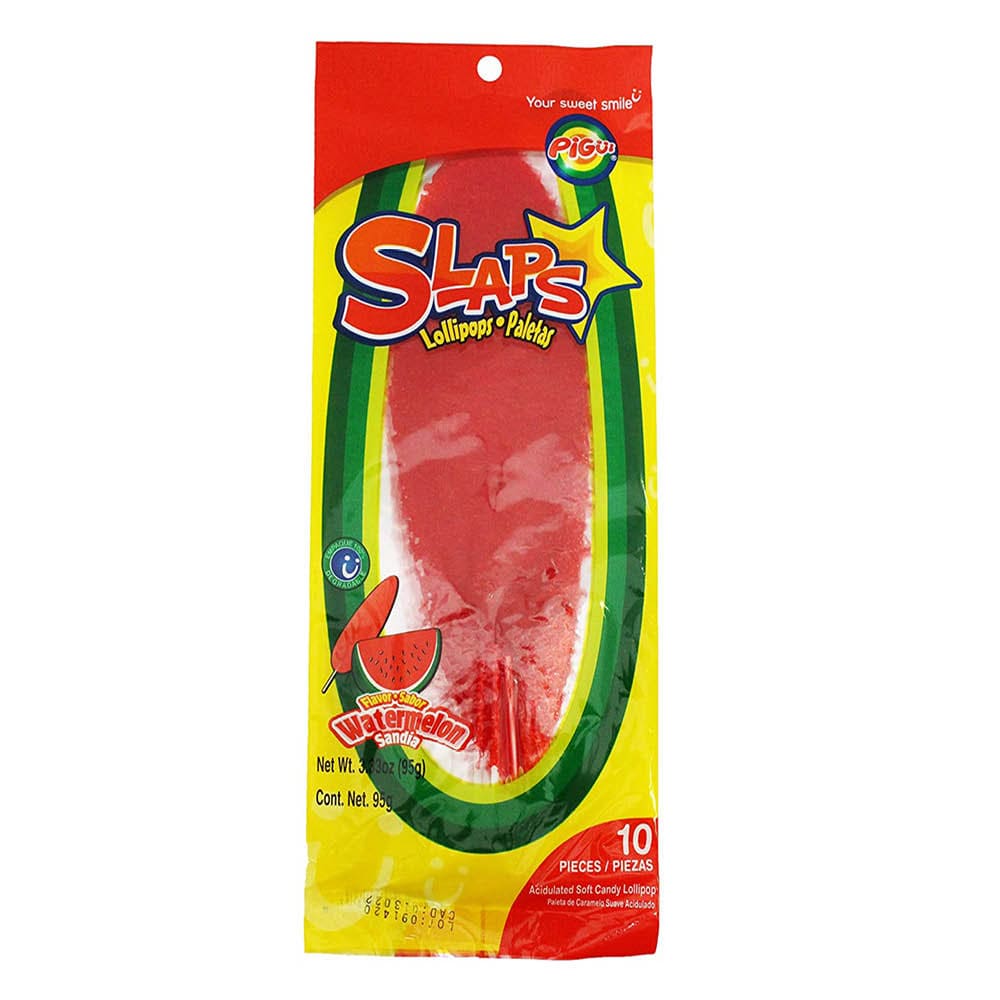 Un emballage rouge et jaune avec une partie transparente où ont voit une sucette rouge aplatie, le tout sur fond blanc