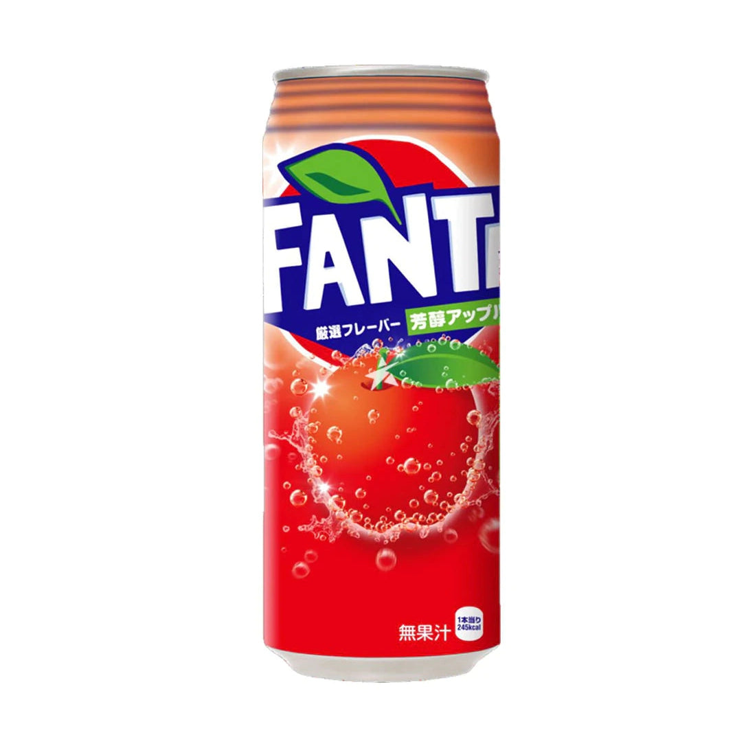 Une longue canette rouge sur fond blanc avec le logo Fanta et au centre en bas une pomme entourée de bulles