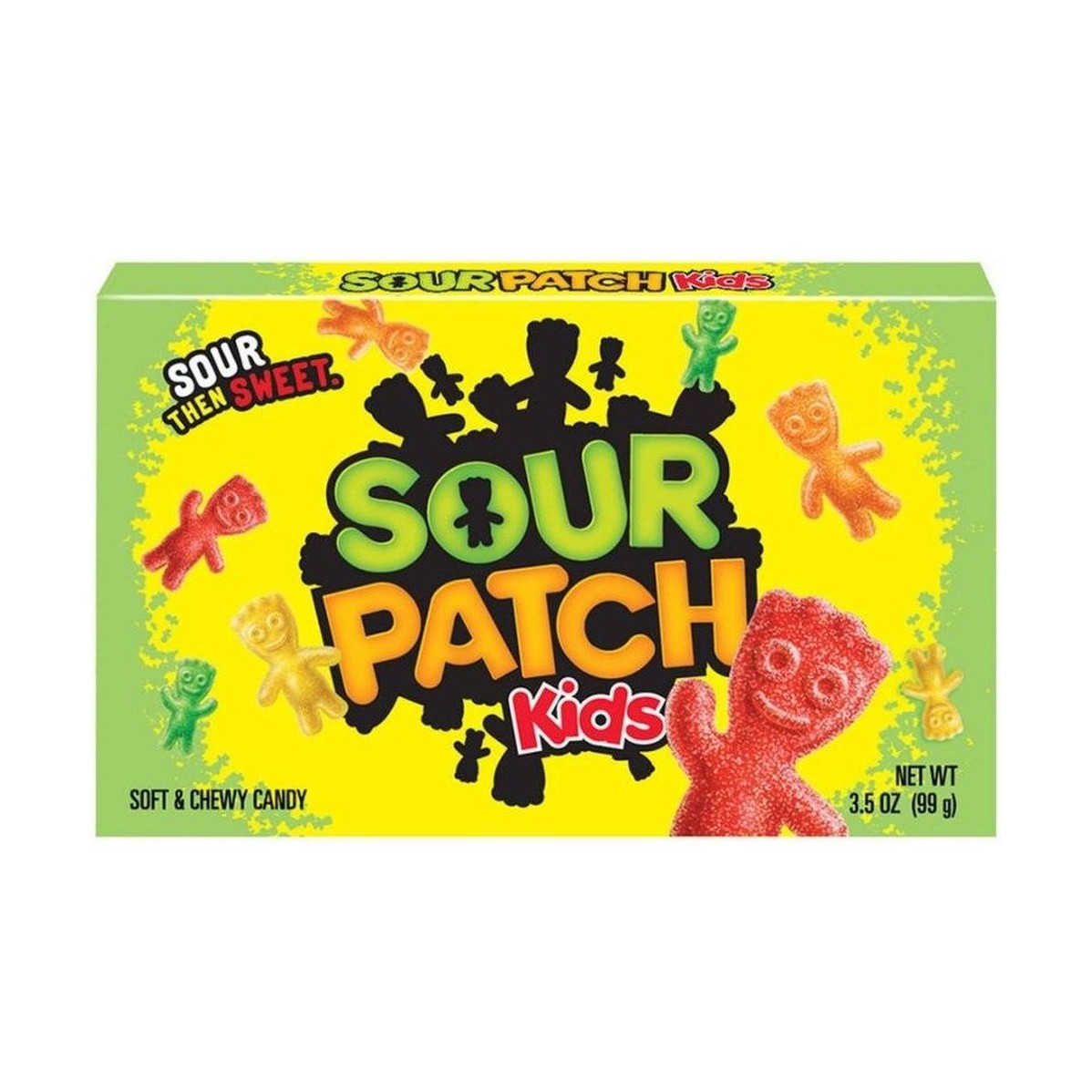 Un paquet vert et jaune sur fond blanc avec des bonbons en forme de petits bonhommes rouge, vert, orange et jaune