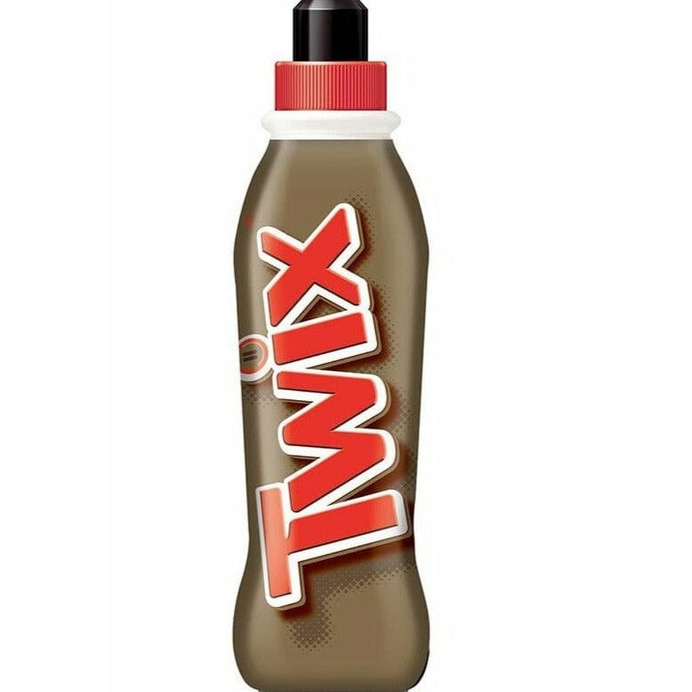 Une bouteille brune sur fond blanc avec écrit verticalement en grand et en rouge « TWIX », le tout sur fond blanc